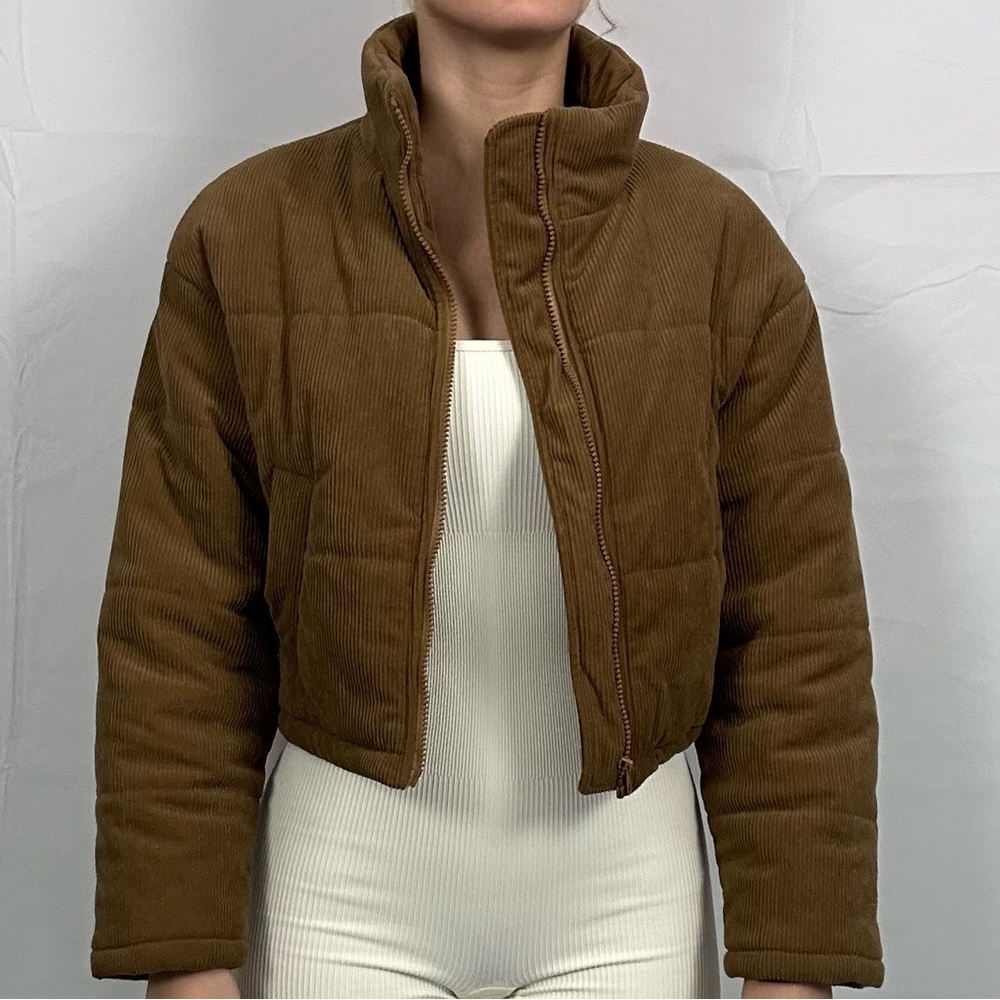 Brown puffy cropped jacket shein